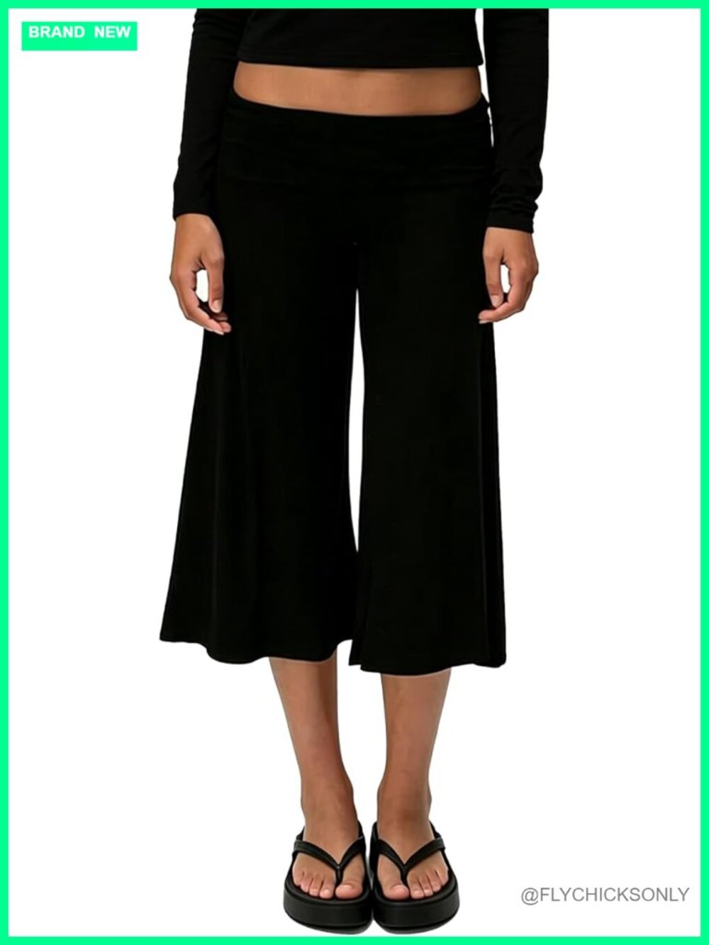 Fold Over Flowy Gaucho Capri Pants Wide Leg Low Rise Yoga Capris